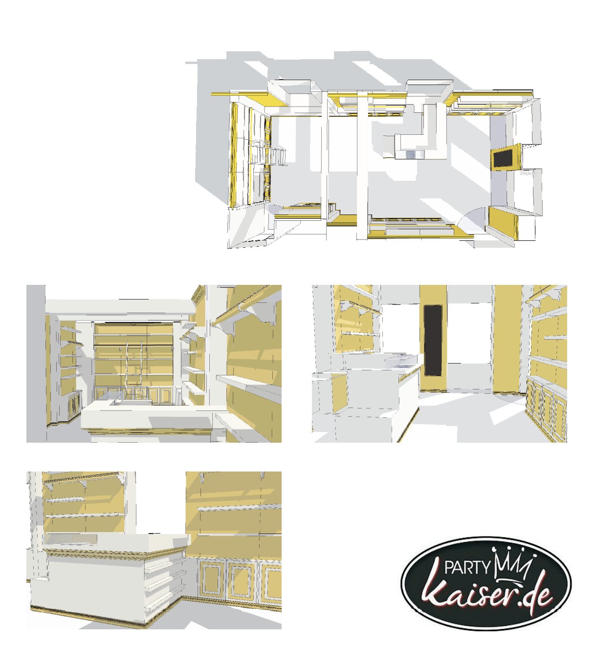 3D views of the store in white and gold