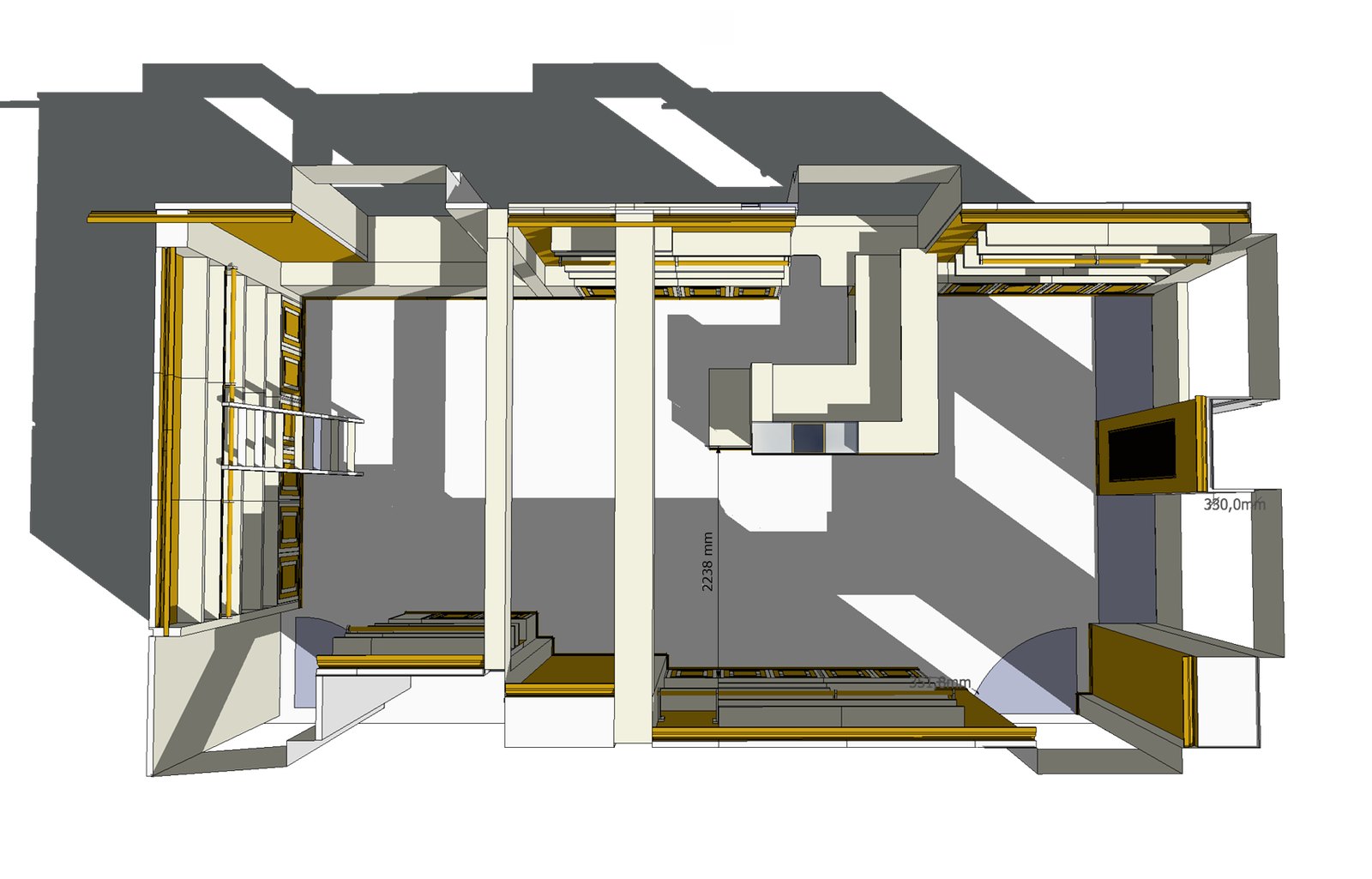 3D top view of the entire shop with wall system and counter