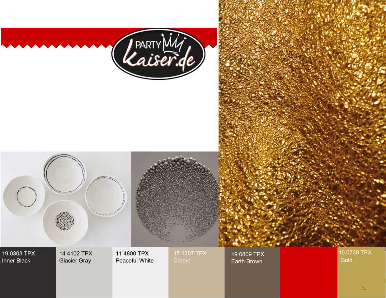 Colour concept with colour samples in black, grey, white, earth tones, red and gold, plus a gold texture