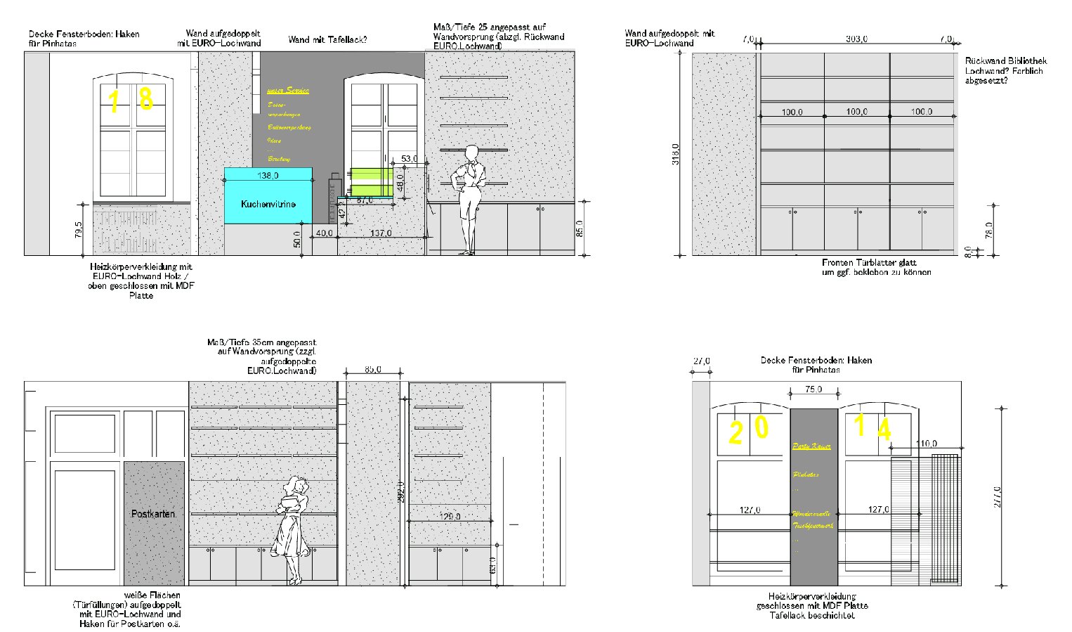 Dimensioned wall elevations of the shelving and counter elements