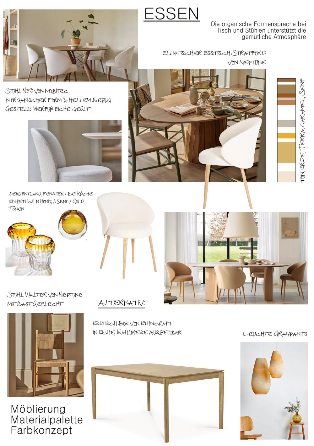 Product selection for the dining area in warm earth tones