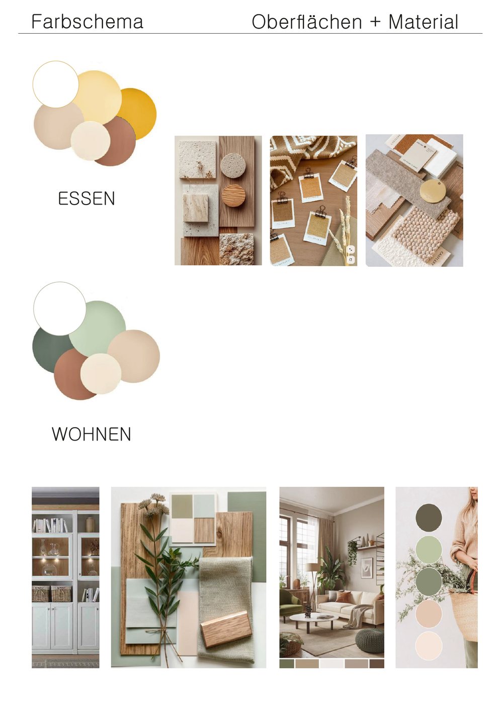 Colour and material concept for the dining and living areas