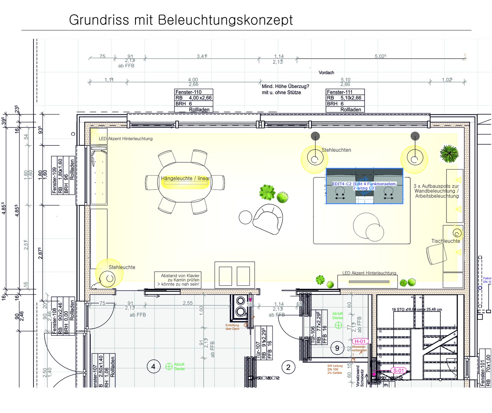 Floor plan with dimensions and lighting concept for the individual zones