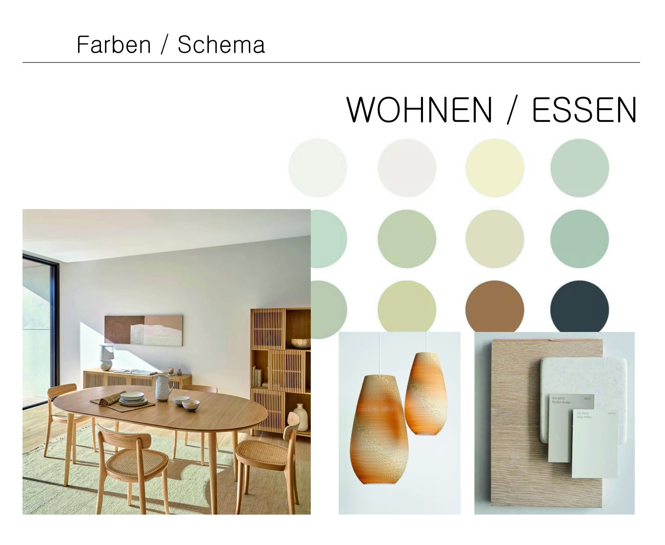 Colour scheme for living and dining with colour circles and material samples