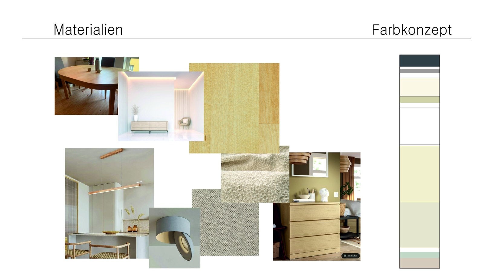 Materials and colour concept with wood, textiles and colour strips