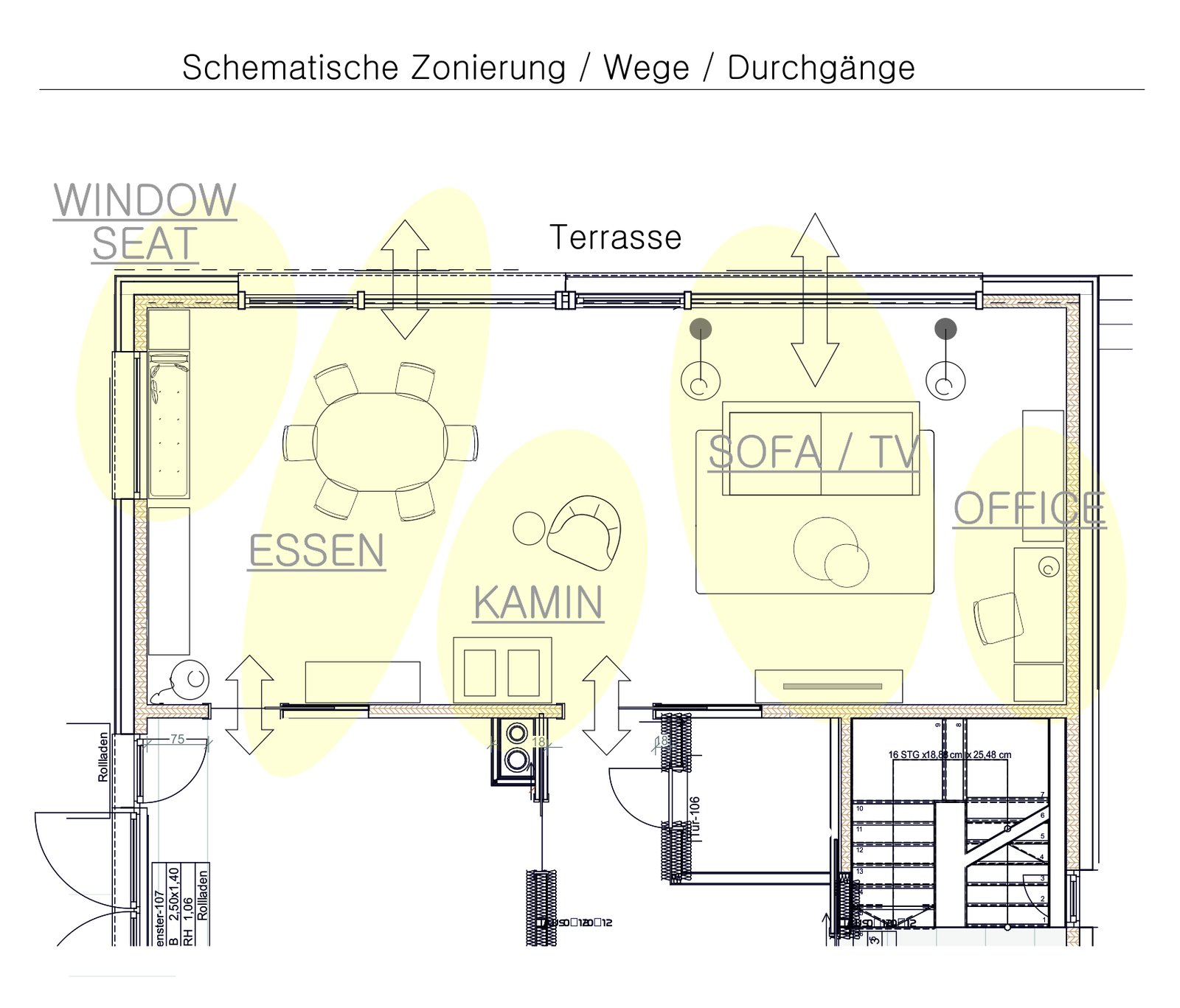 Schematic zoning of the room with window seat, dining, fireplace, sofa/TV and office