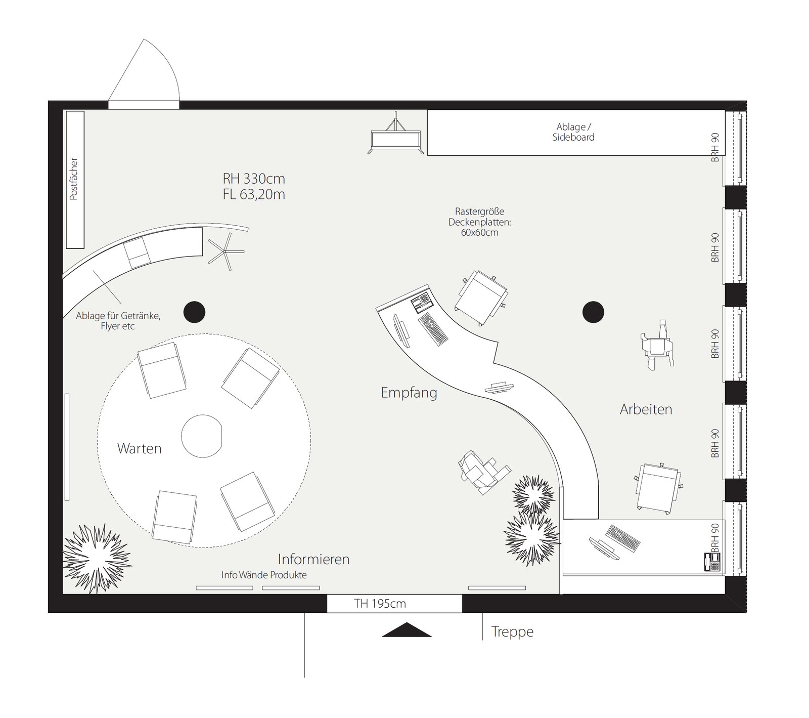 Final floor plan with the zones for waiting, reception, working and information