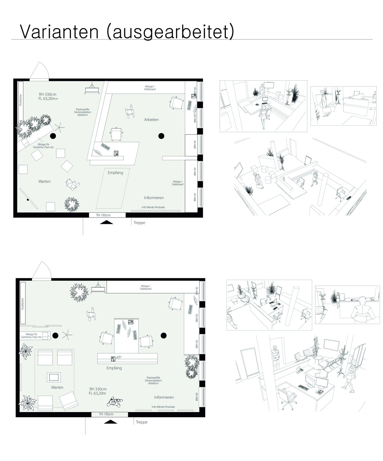 Two worked-up variants of the reception in floor plan and perspective