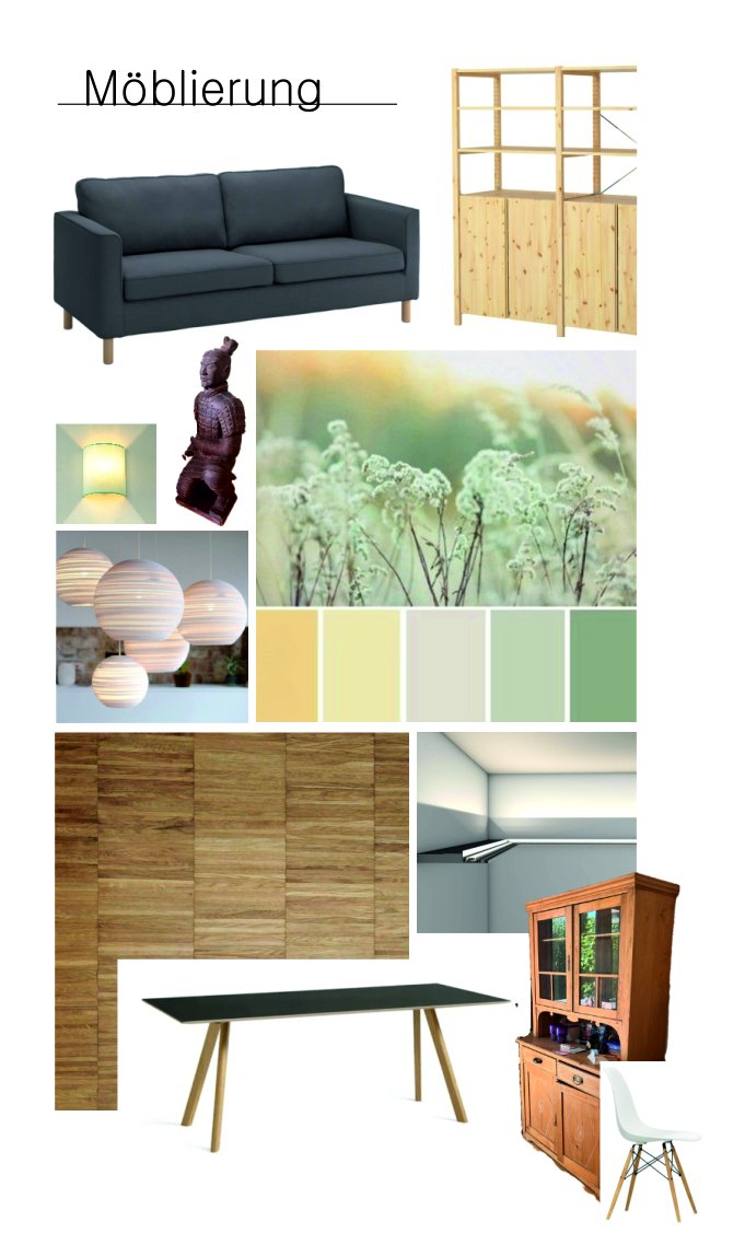 Ground-floor furnishing: dark grey sofa, pine shelving, dining table and oak sideboard