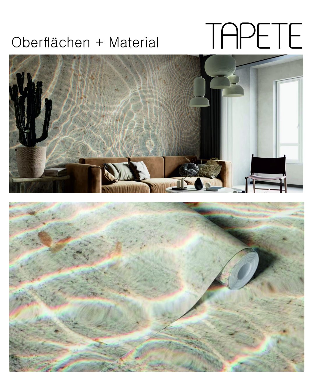Surfaces and materials in the basement: wallpaper with water reflections