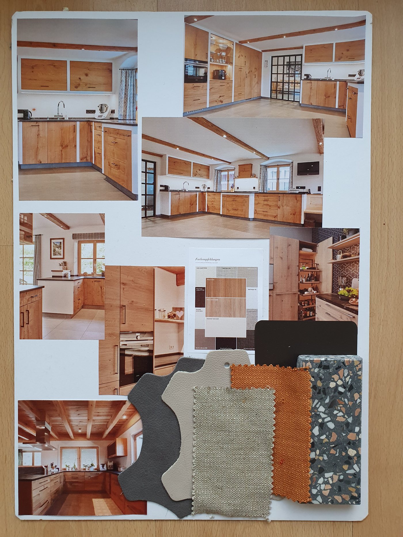 Mood board for the kitchen in warm oak tones with black accents