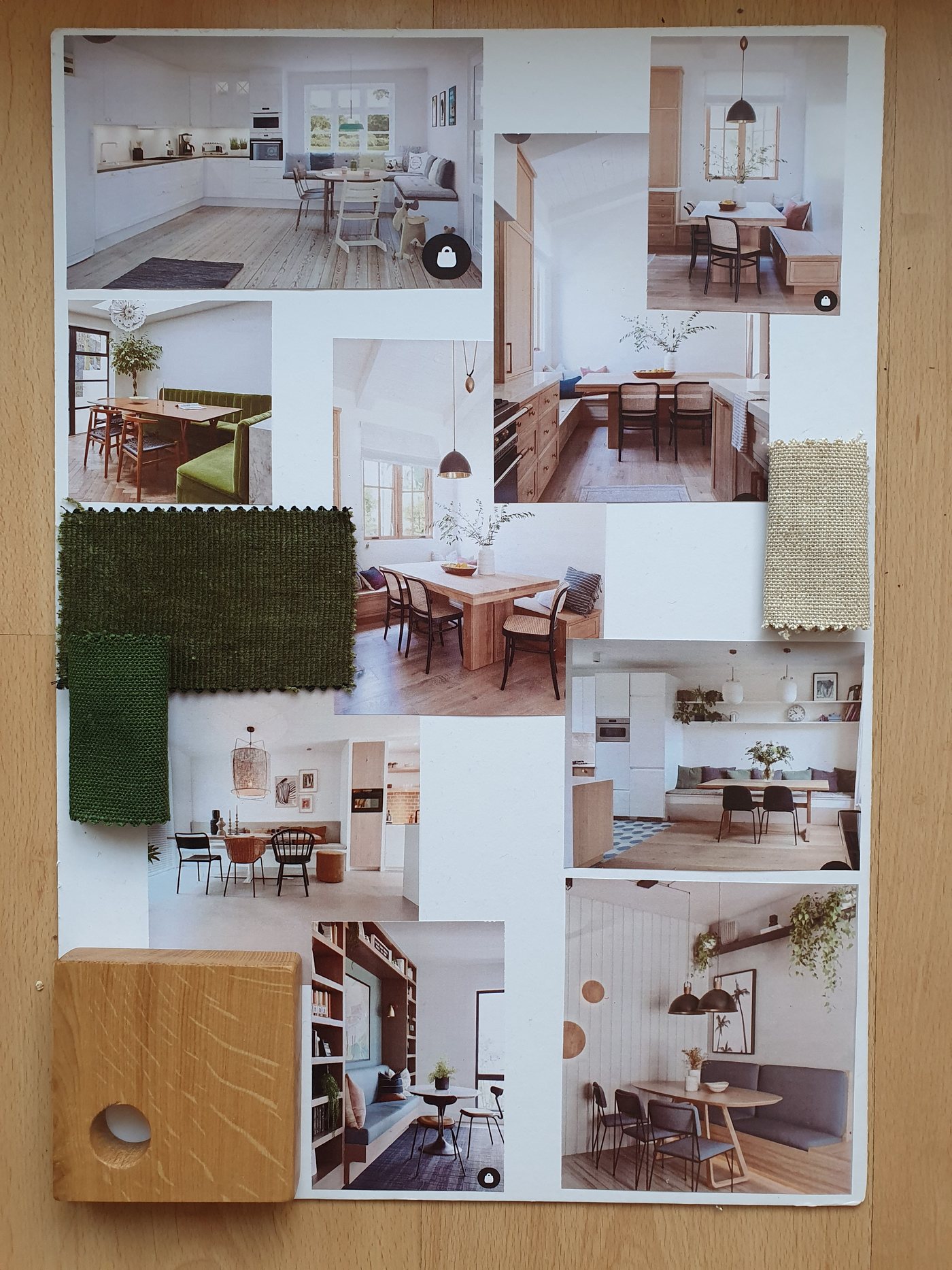 Mood board for the dining area with dark upholstered chairs