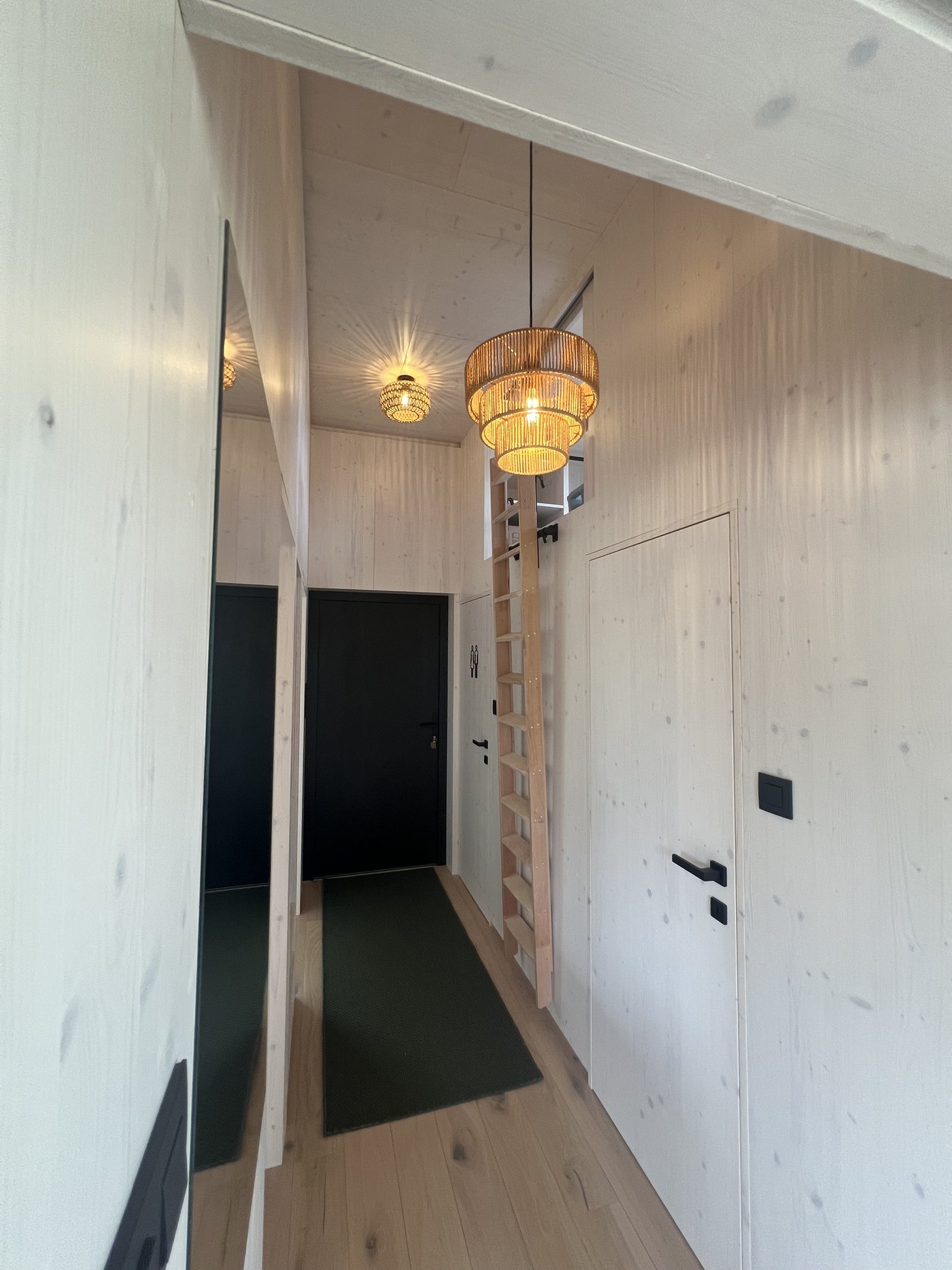 Hallway with black ladder and rattan pendant light