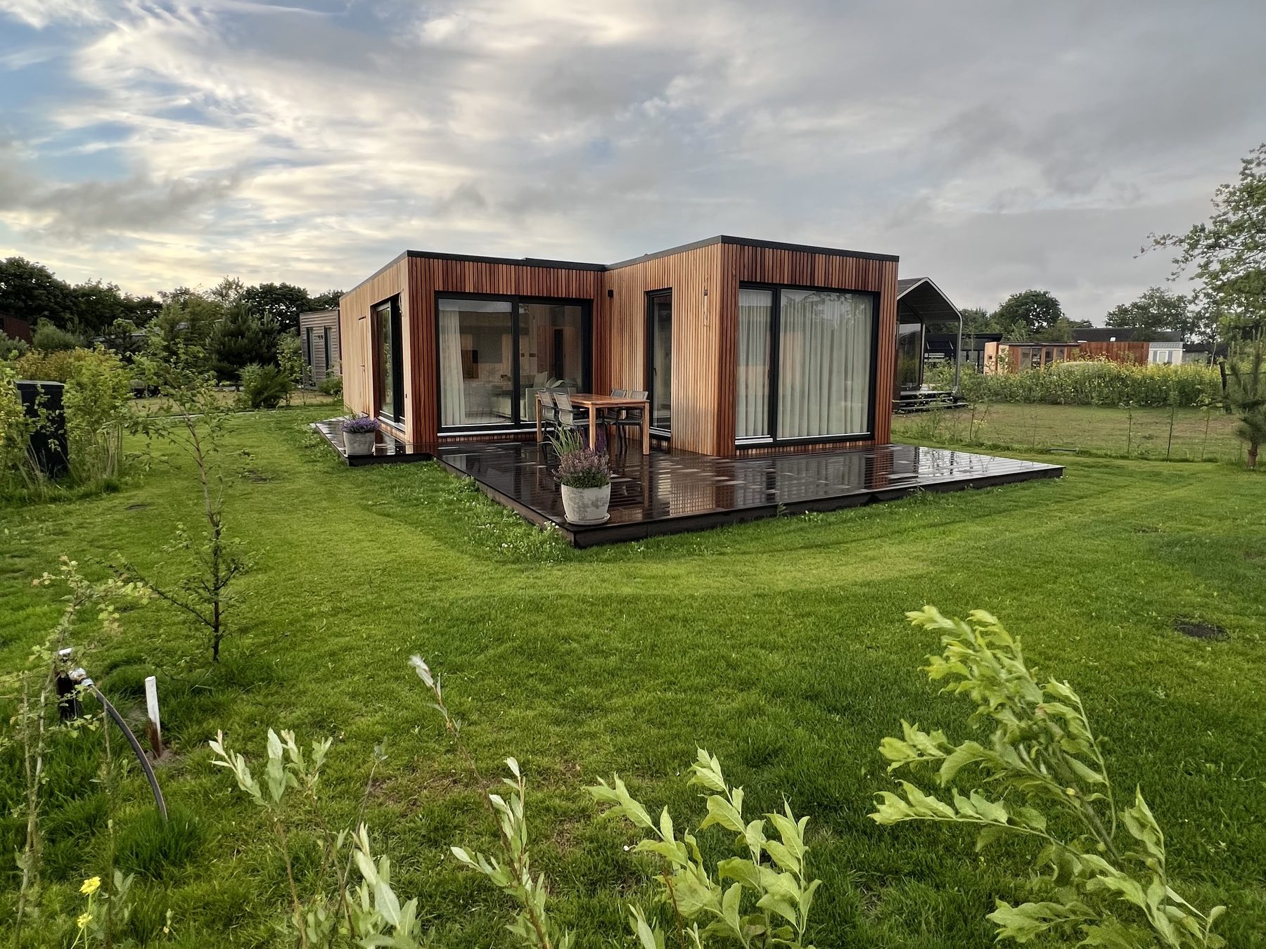 Tiny house with a timber facade and terrace in a meadow in the Netherlands, in the evening light