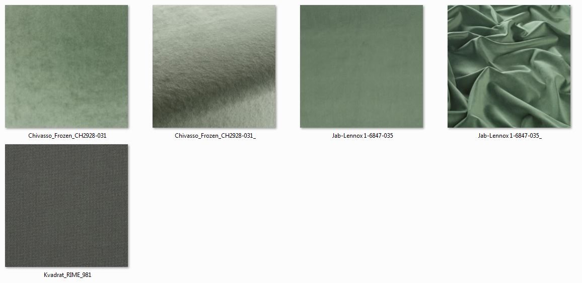 Fabric samples in sage and green tones for the beds
