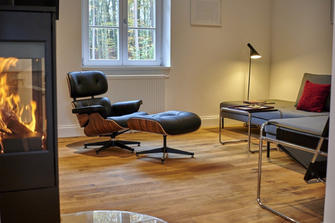 Living area with wood-burning stove and lounge chair