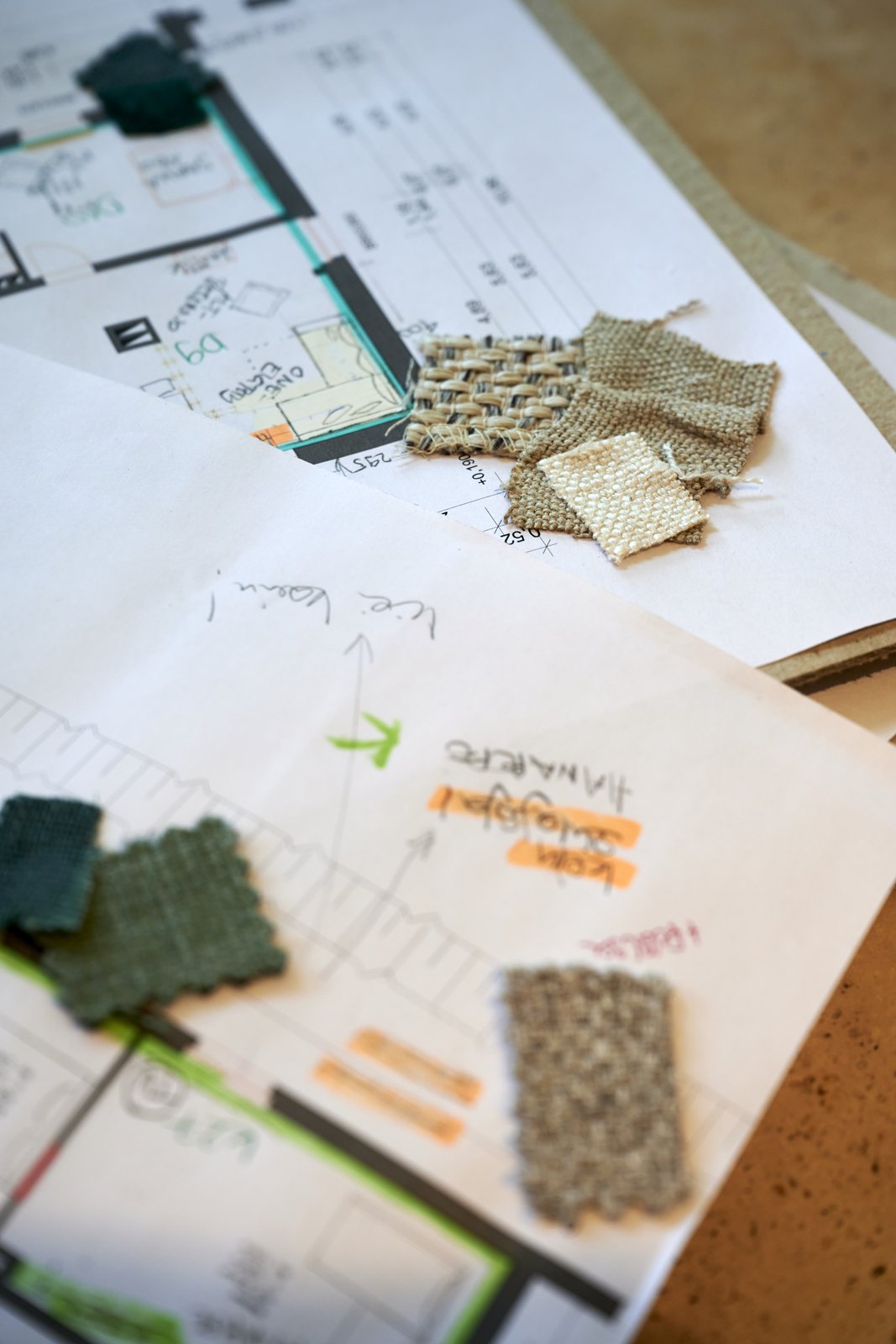 Fabric samples on the floor plans